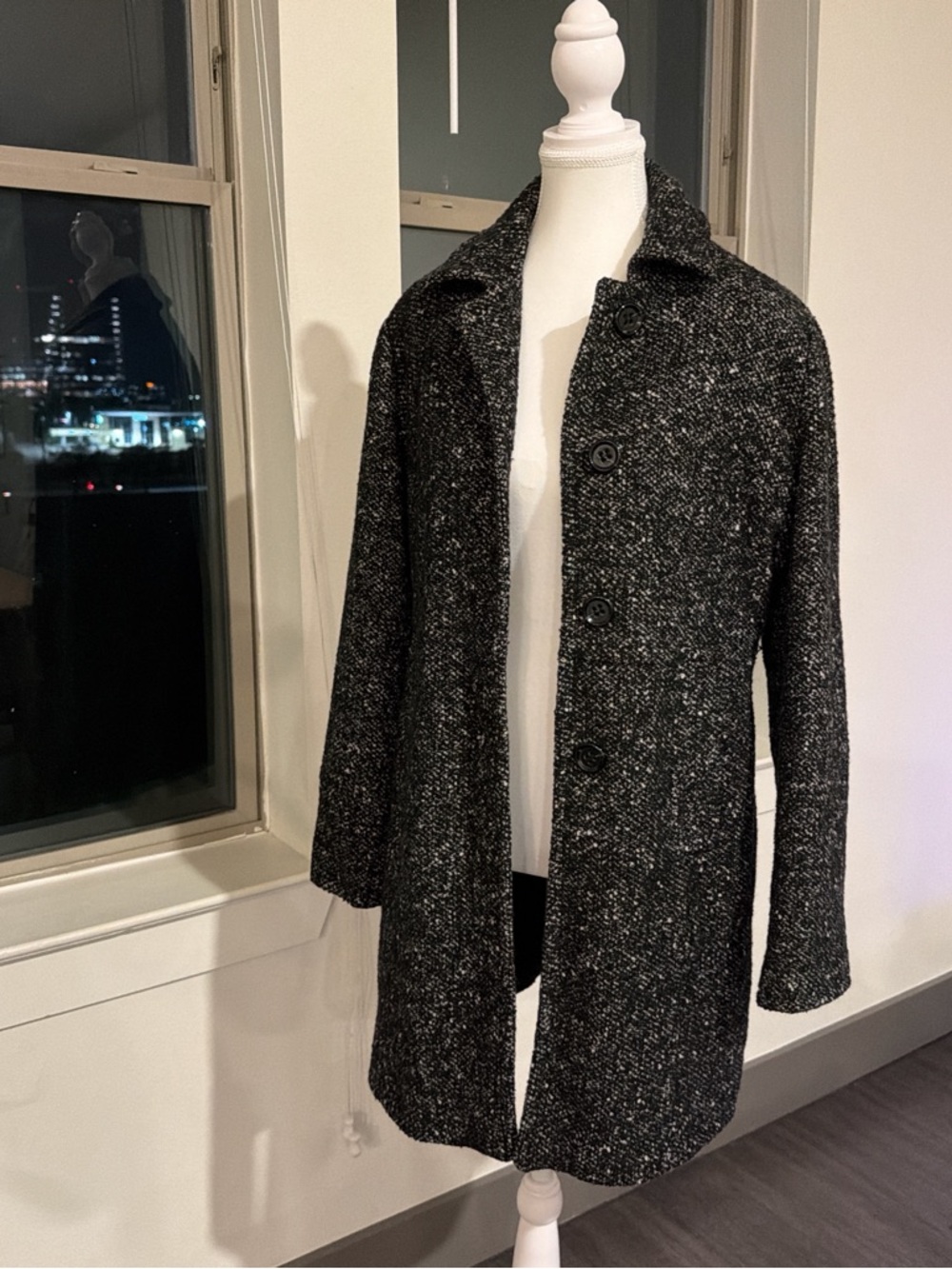 London Fog Black & White Tweed Button-Front Coat